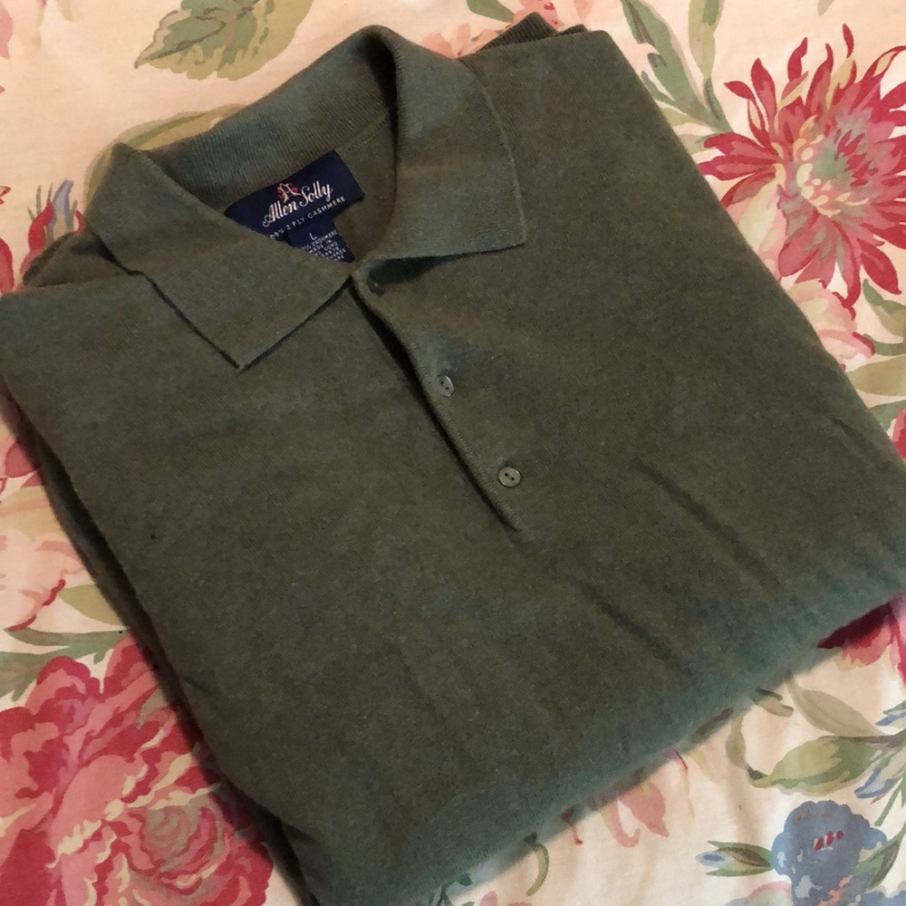 Vtg ALLEN SCULLY Size XL Mens 2-Ply Cashmere 3-BtnNeck Polo Sweaters Olive Green